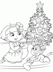 Dora and Boots in front of the Christmas tree look at the socks