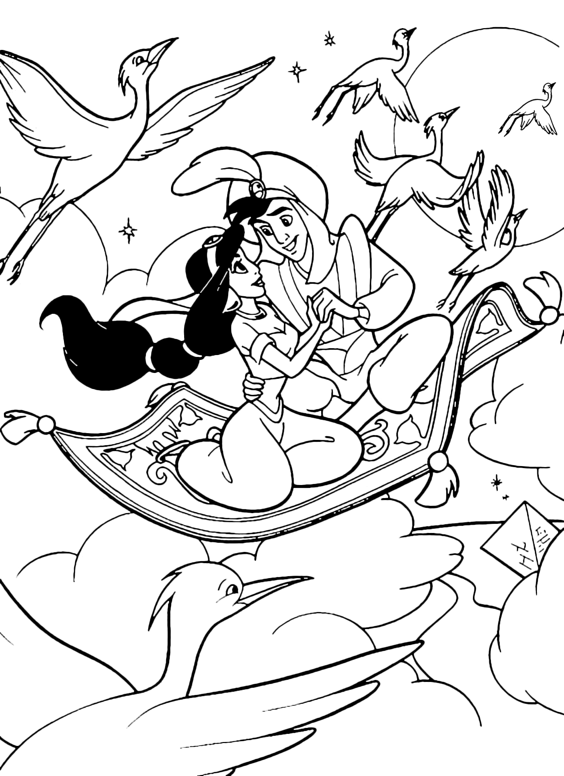 Aladdin - Jasmine and Aladdin fly happily among the birds
