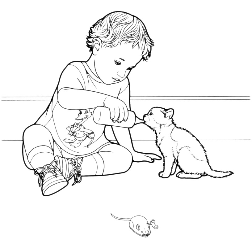 Animals - A child gives milk to the kitten with a feeding bottle