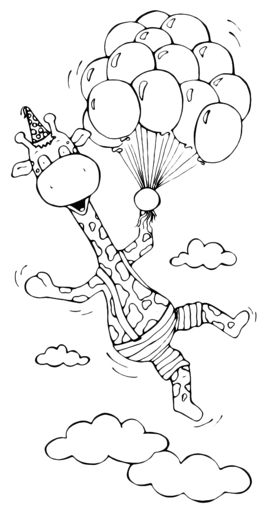 Animals - The giraffe flies attached to balloons