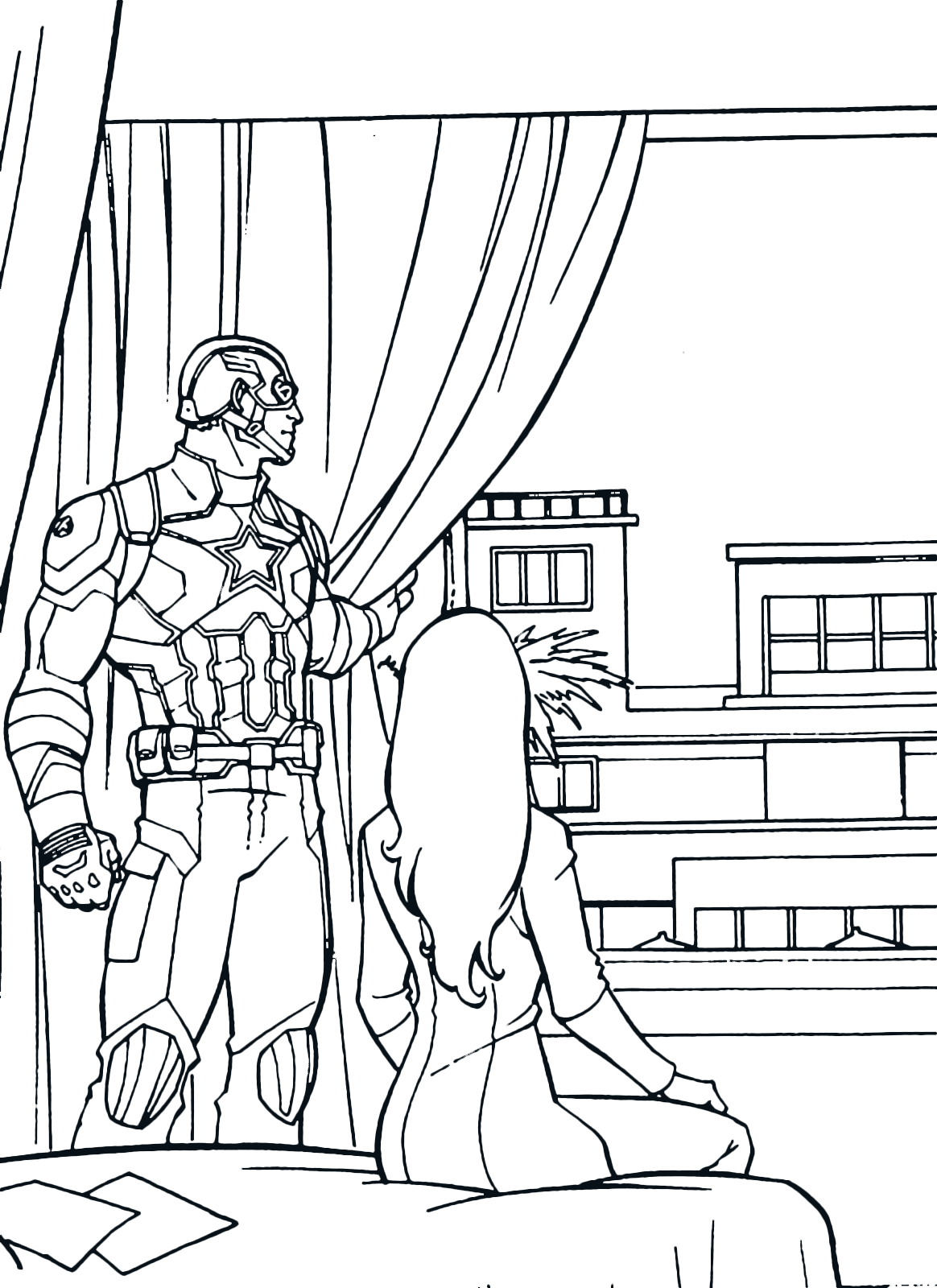 Captain America - Captain America and Scarlet look out of the building window