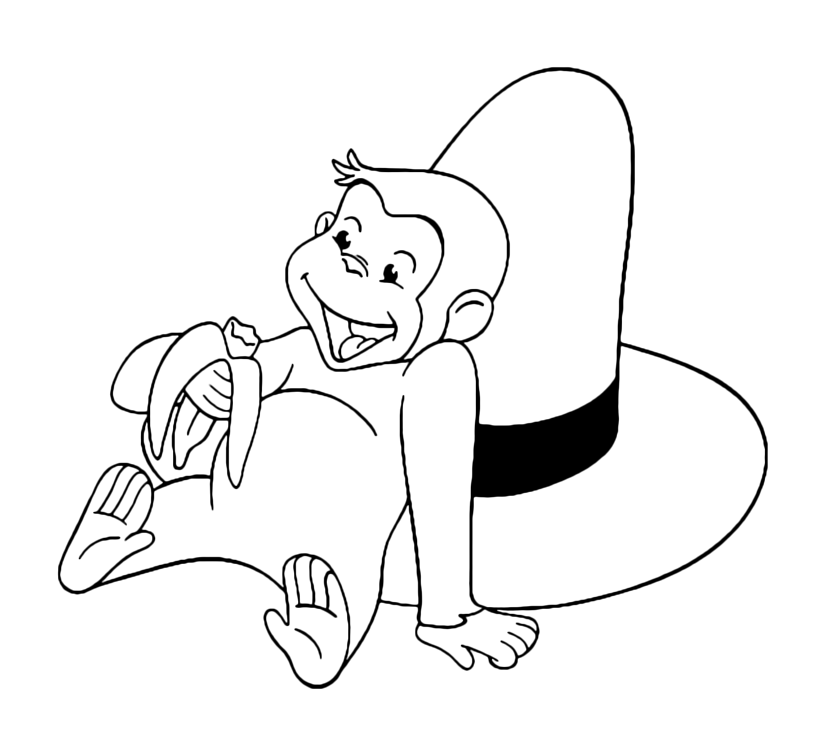 Curious George - George eats a banana leaning on Ted hat