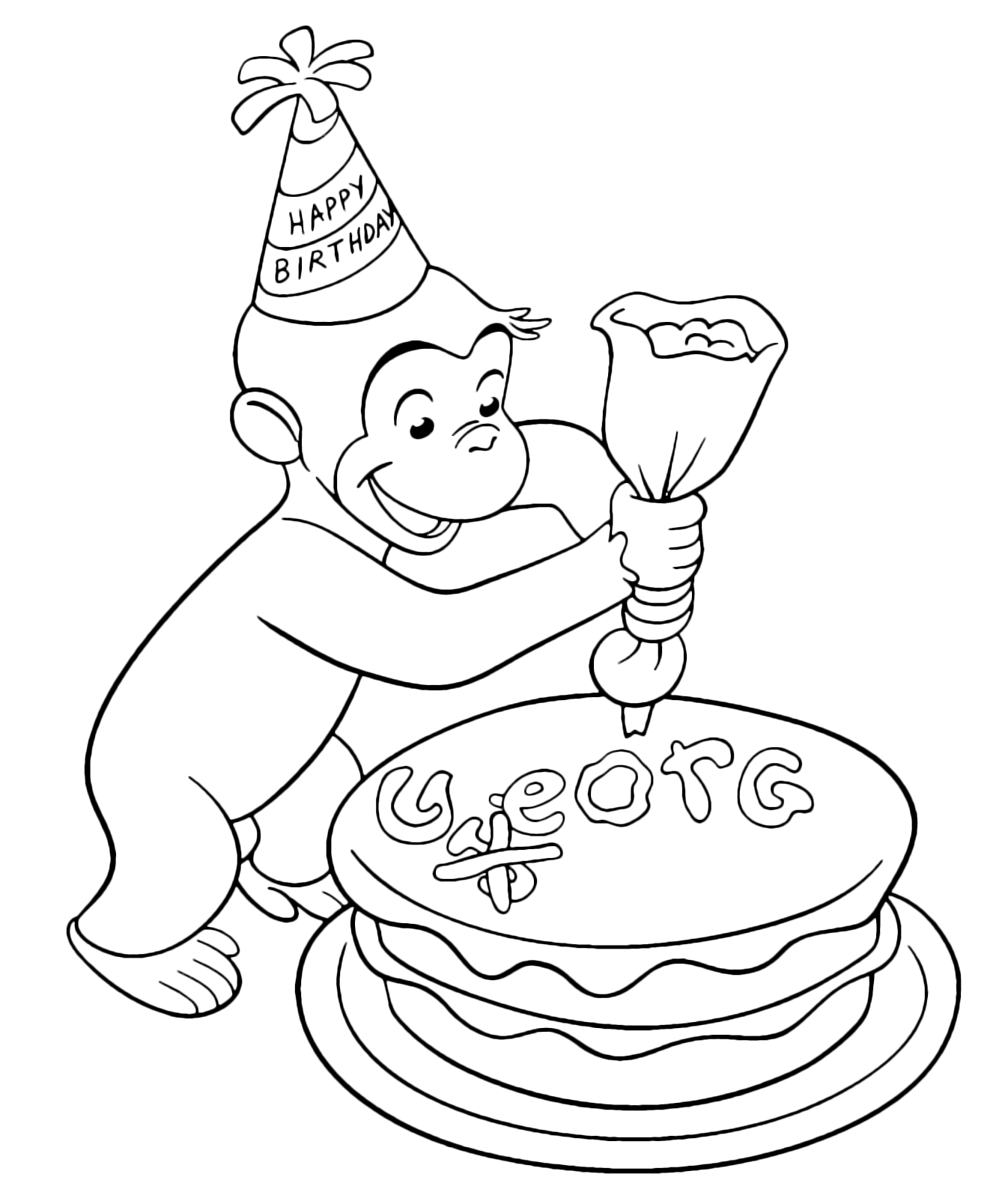 Curious George - George prepares a cake by writing his name on it