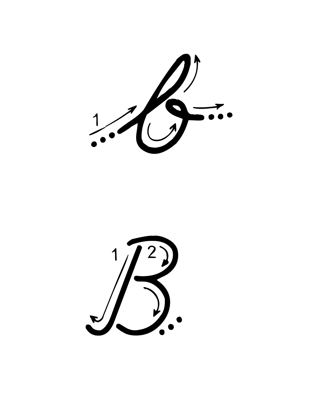Letters and numbers - B letter with directions moving italic lowercase and uppercase