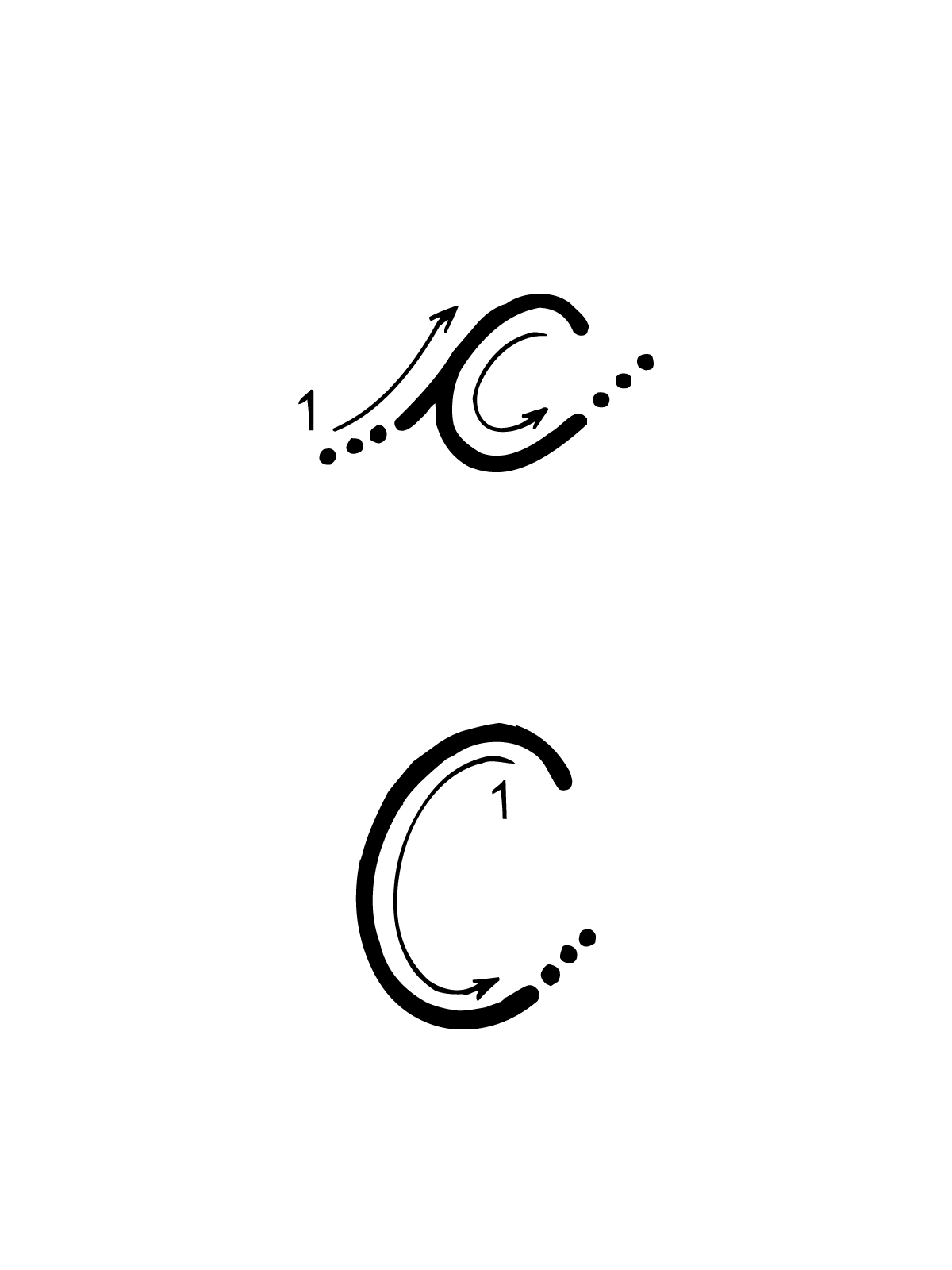 Letters and numbers - C letter with directions moving italic lowercase and uppercase