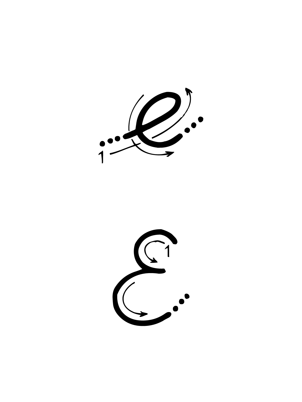 Letters and numbers - E letter with directions moving italic lowercase and uppercase