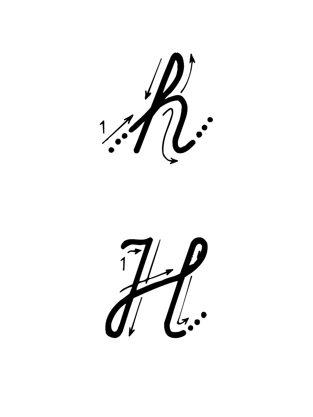 Letters and numbers - H letter with directions moving italic lowercase and uppercase