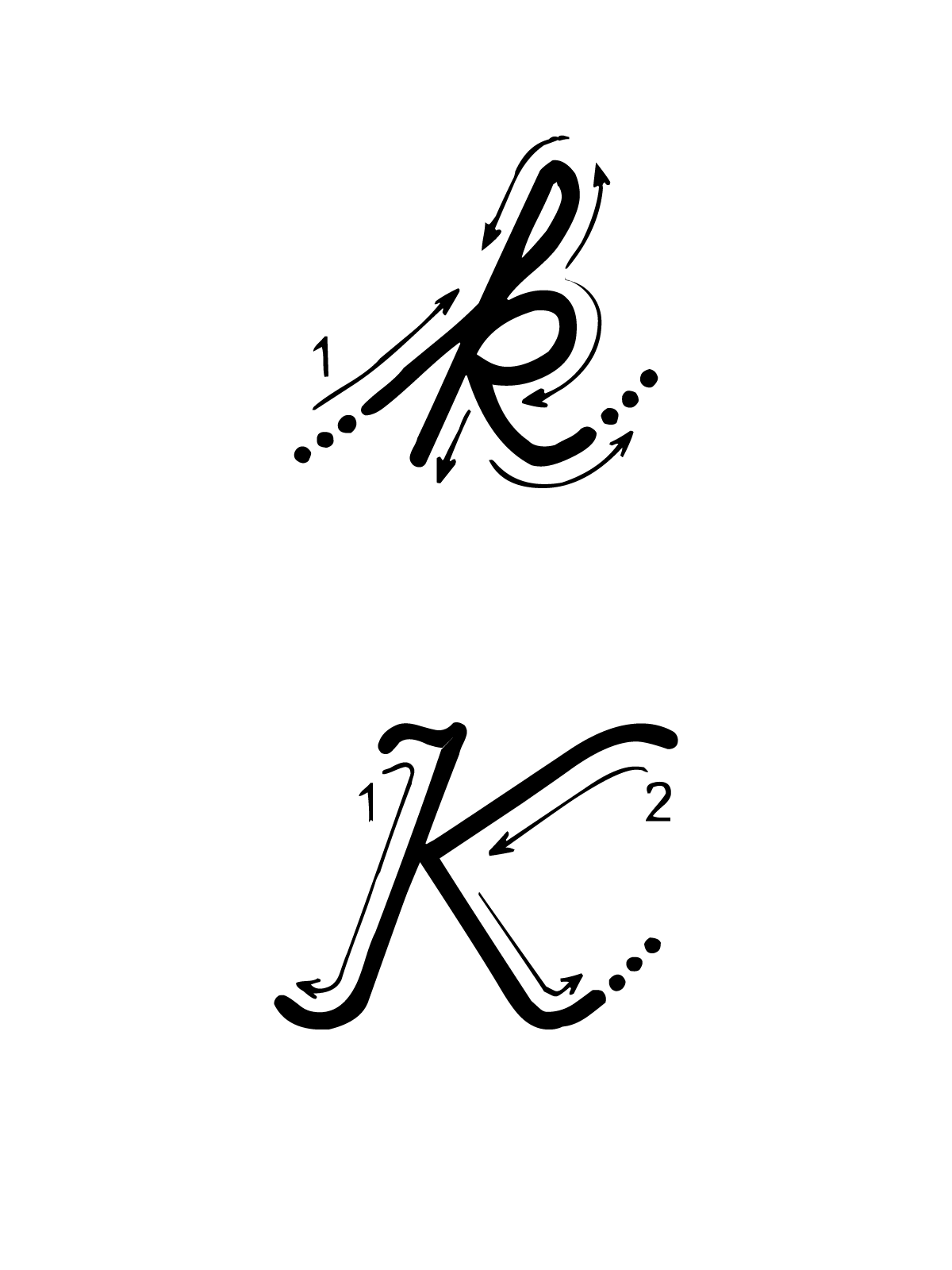 Letters and numbers - K letter with directions moving italic lowercase and uppercase