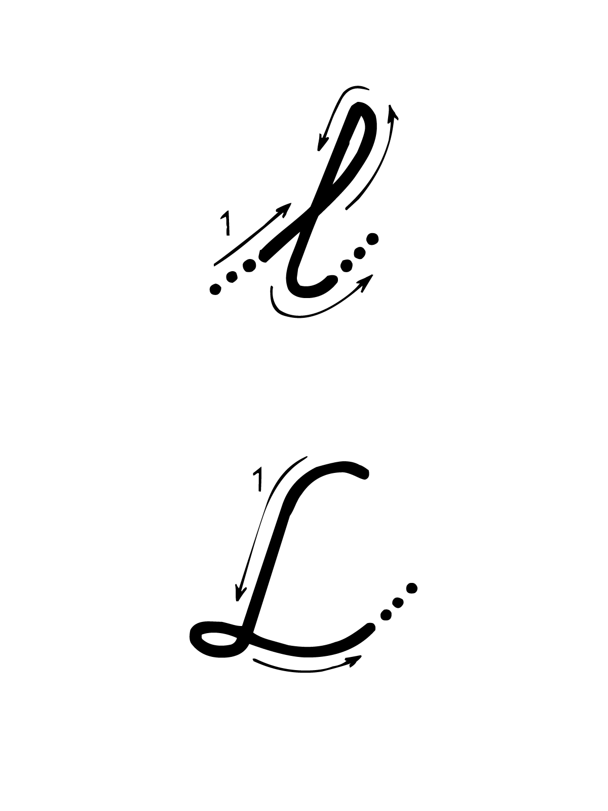 Letters and numbers - L letter with directions moving italic lowercase and uppercase