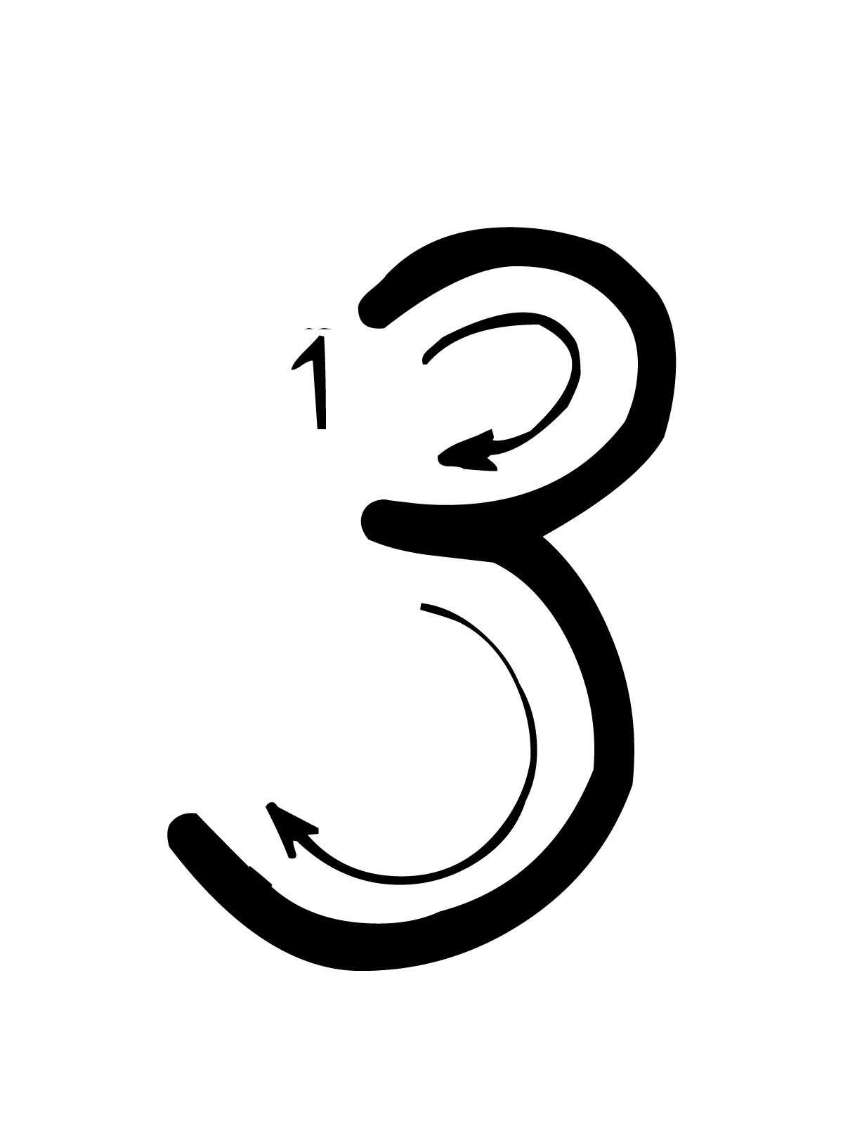 Letters and numbers - Number 3 (three) with indications cursive movement