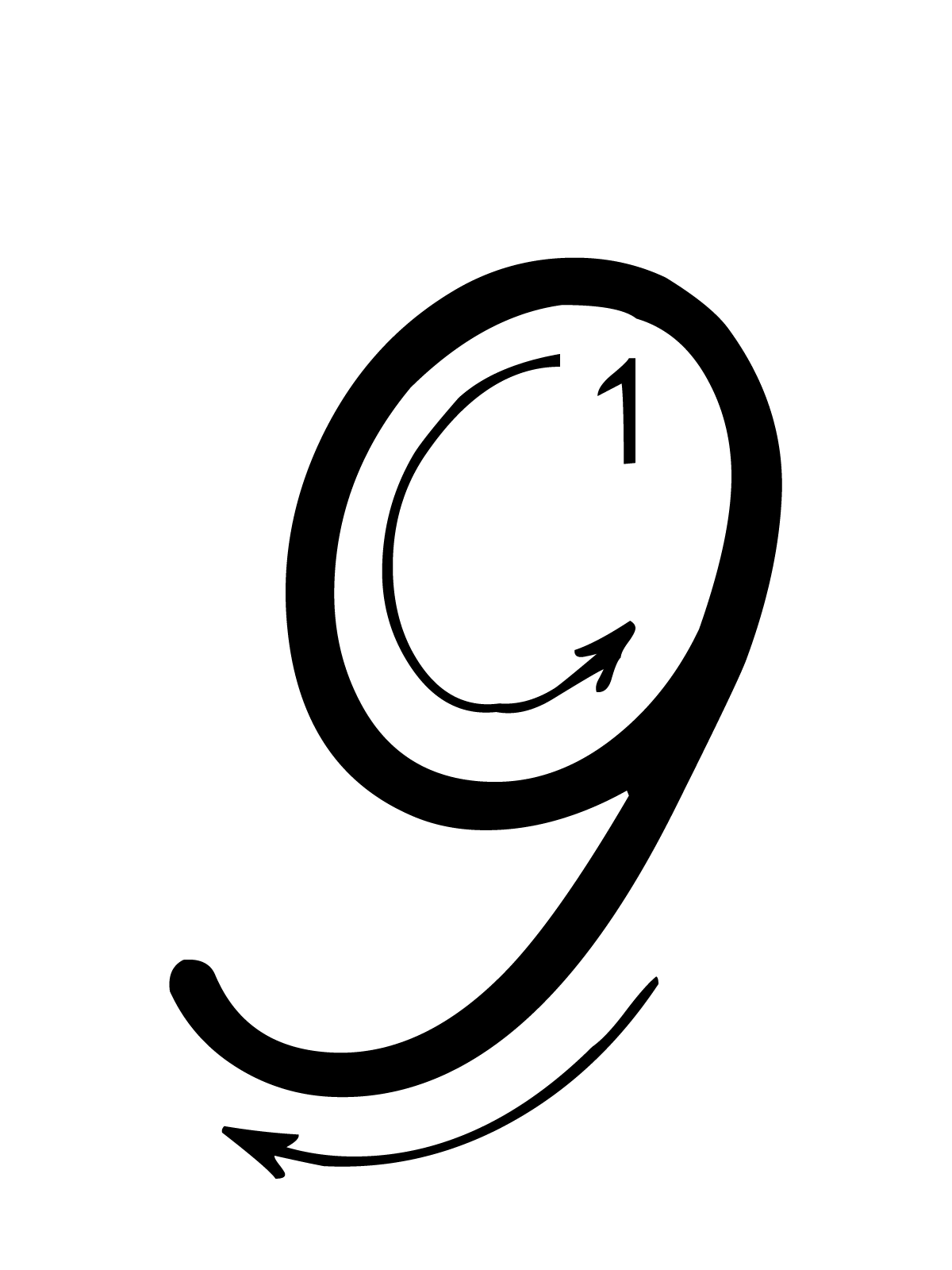 Letters and numbers - Number 9 (nine) with indications cursive movement