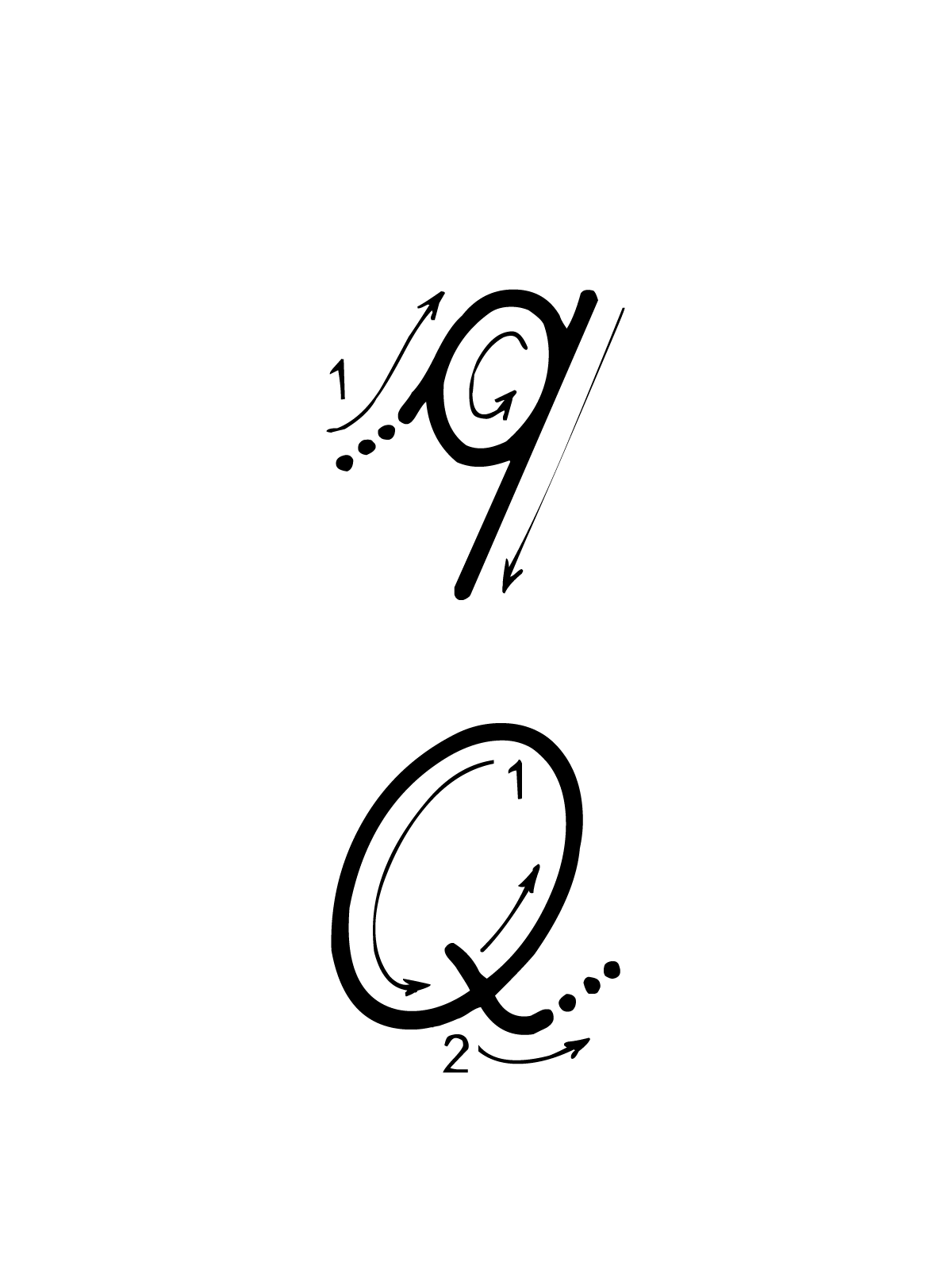 Letters and numbers - Q letter with directions moving italic lowercase and uppercase