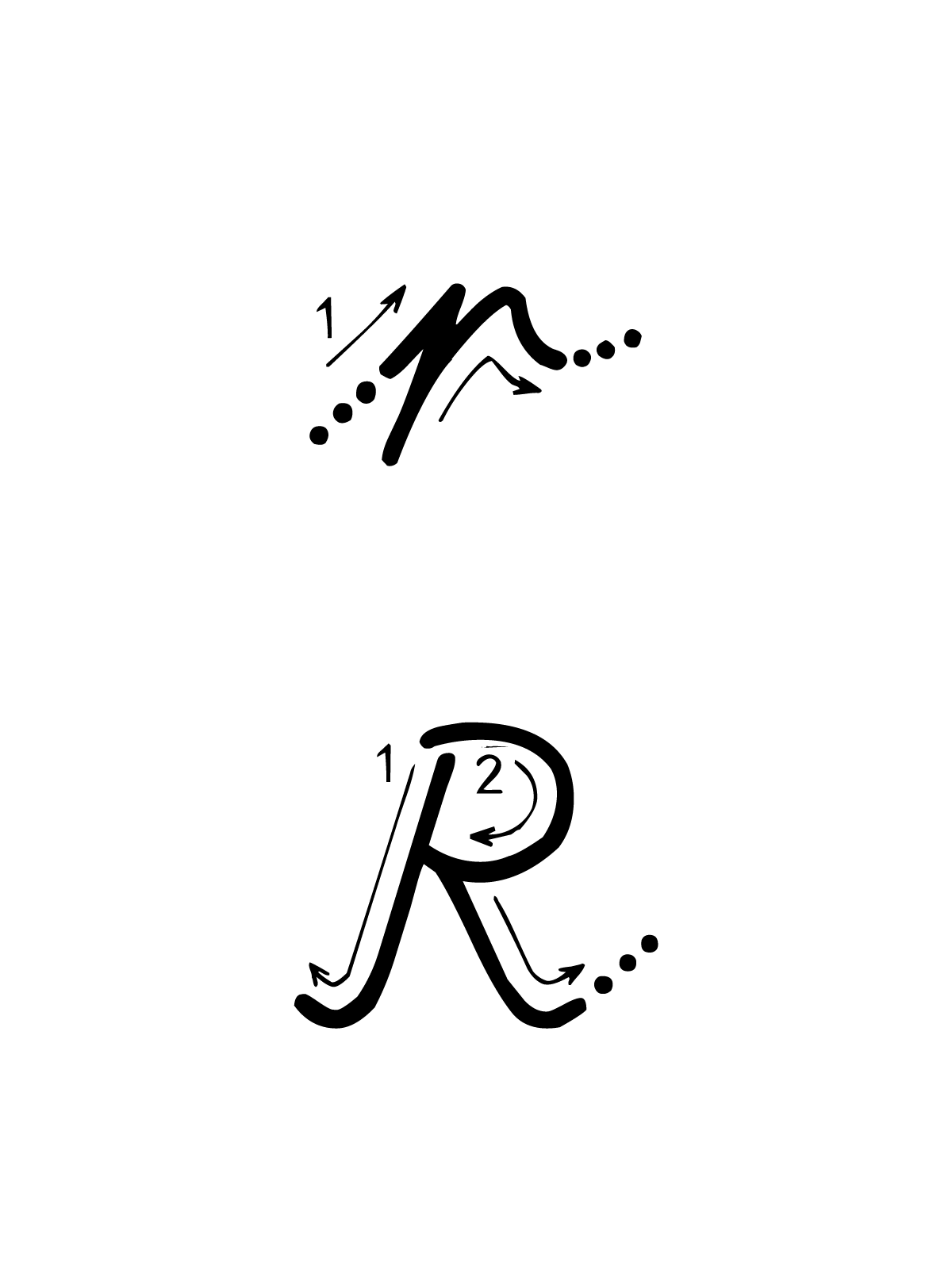 Letters and numbers - R letter with directions moving italic lowercase and uppercase