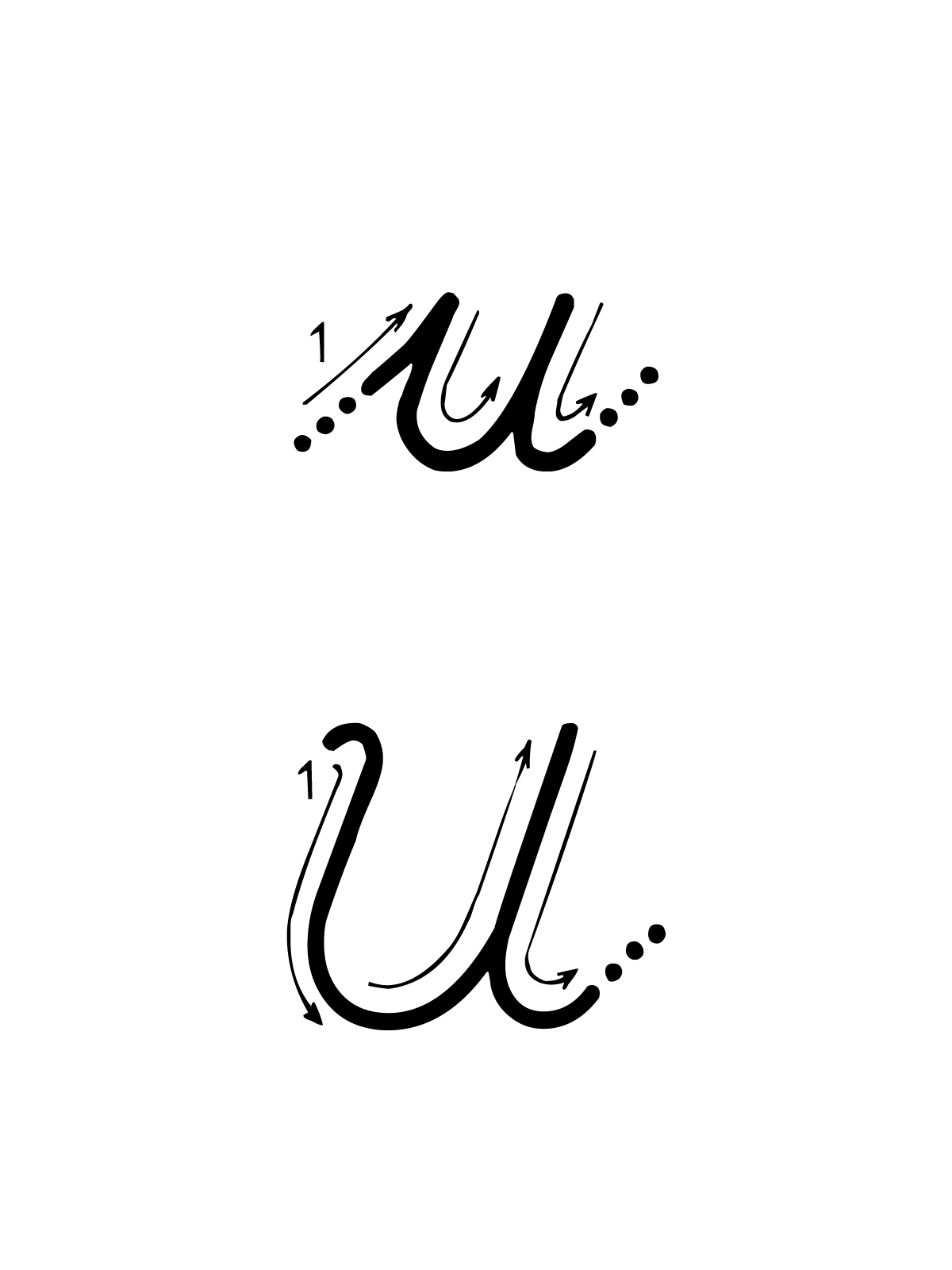 Letters and numbers - U letter with directions moving italic lowercase and uppercase