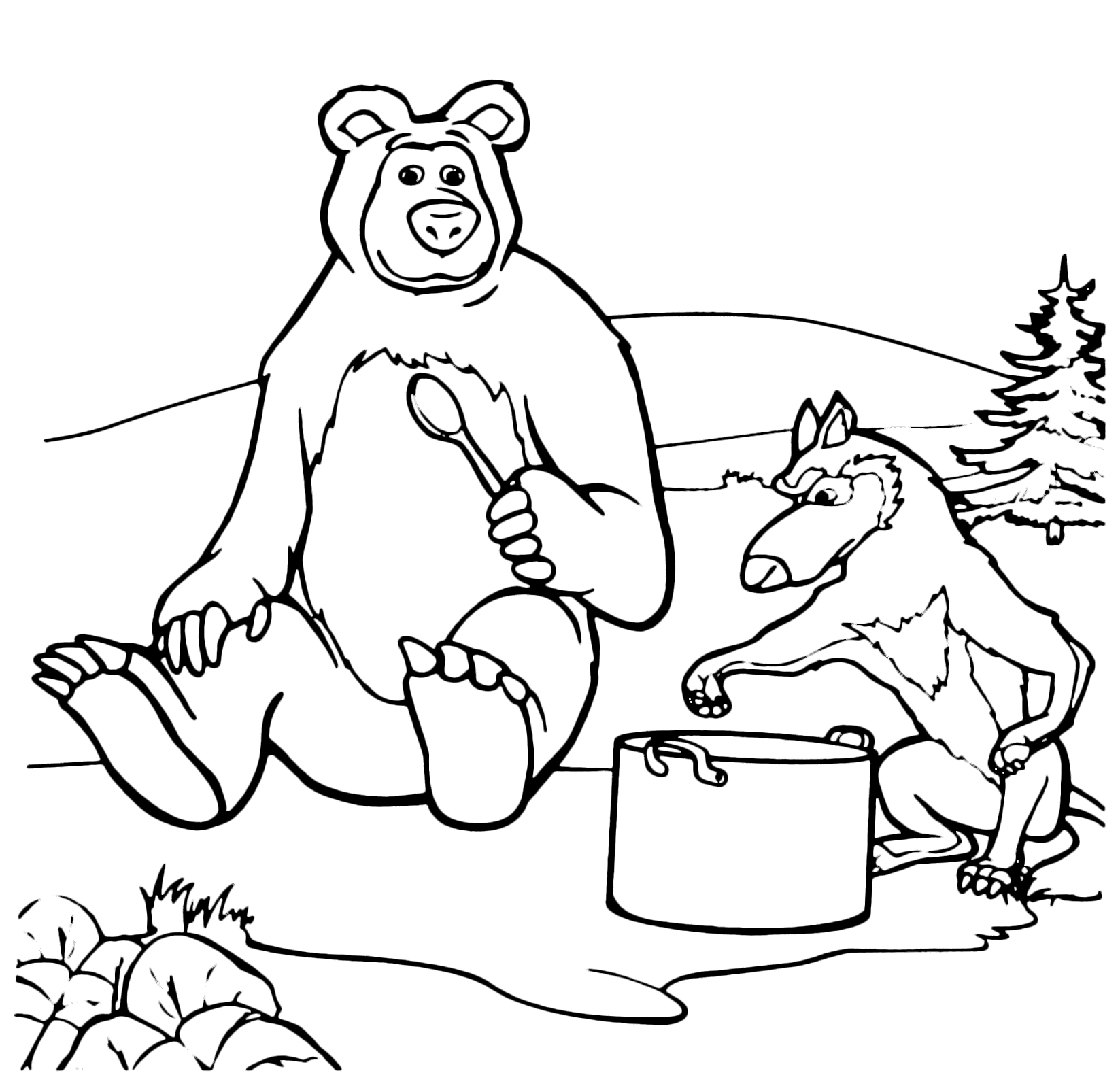 "Masha and the Bear" coloring page The Bear and Wolf eat to her
