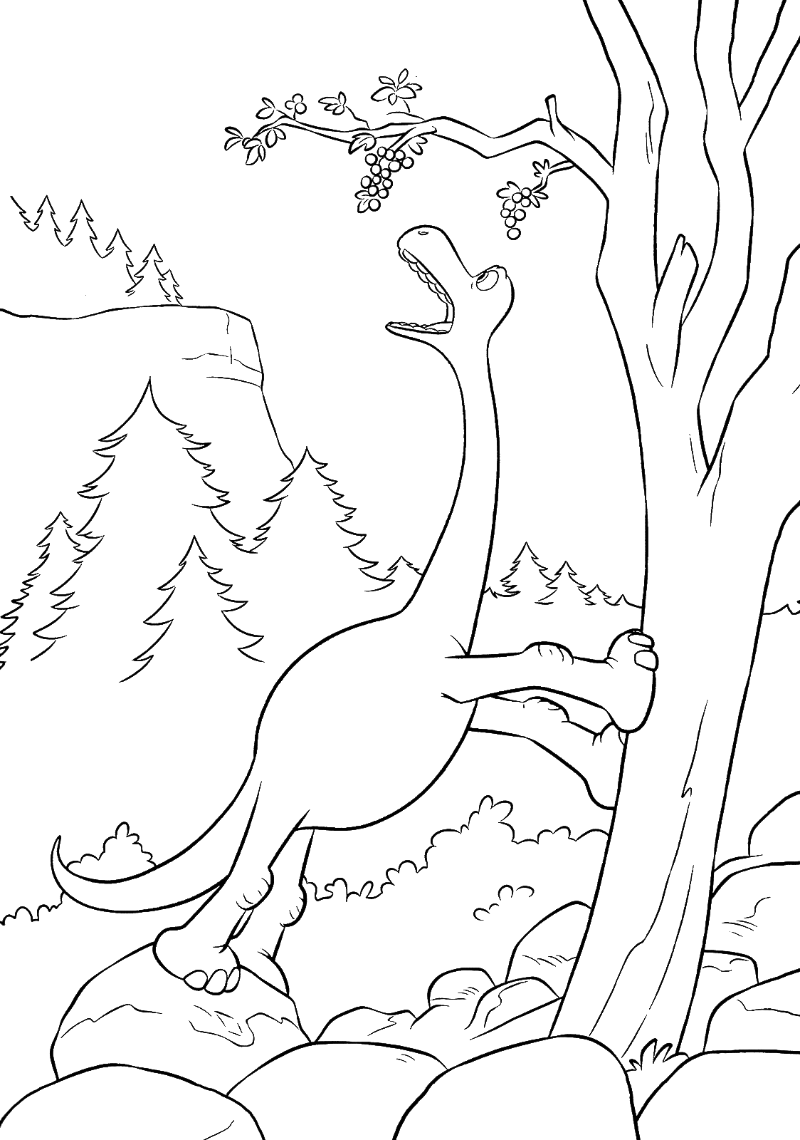 The Good Dinosaur coloring page - Arlo tries to eat berries on a tree. 