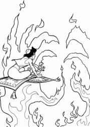 Aladdin and Abu fly on the magic carpet in the middle of the flames