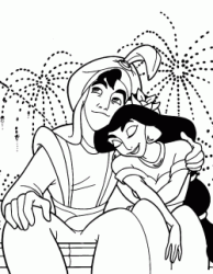 Aladdin hugs Jasmine while watching the fireworks