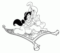 Jasmine holds Aladdin's hand on the flying carpet