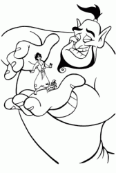 The Genie of the lamp hold in his hands Aladdin and Abu