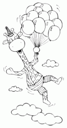 The giraffe flies attached to balloons