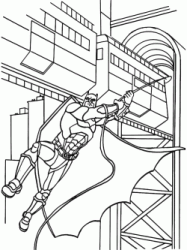 Batman rushes with the rope between the buildings