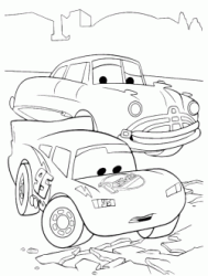 Lightning McQueen and Doc Hudson observe the broken asphalt