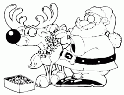Santa Claus puts the little bells on the reindeer's horns