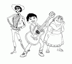 Miguel plays the guitar while Abuelita and Hector watch him