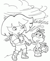 Dora and Boots are holding hands to not be taken away from the wind