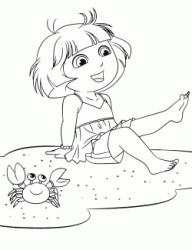 Dora on the beach with a crab
