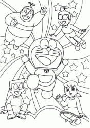 Doraemon along with Nobita, Gian and Shizuka Suneo