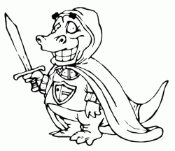 A dragon dressed as knight with sword and cape