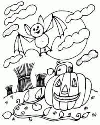 The bat flies over the pumpkin