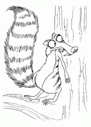 Scrat the squirrel hides behind the trunk of a tree