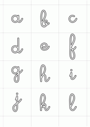 Cursive lowercase letters from a to l