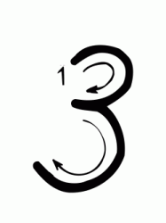 Number 3 (three) with indications cursive movement