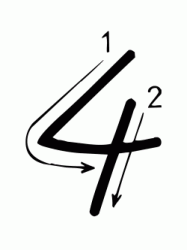 Number 4 (four) with indications cursive movement