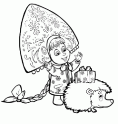 Masha with a Russian hat looks gift on the back of the hedgehog