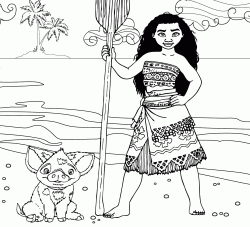 The Moana princess on the beach with Pua pig