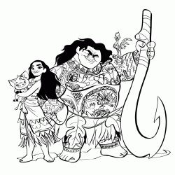 The princess Moana and Maui with Pua pig and the rooster HeiHei