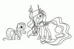 Fluttershy observes Princess Celestia who holds Philamena