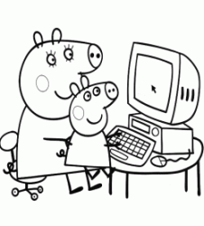Peppa Pig and Mummy Pig play with the computer