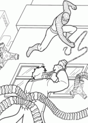 Spiderman shoots a cobweb on the face to Doctor Octopus