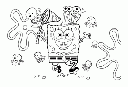 SpongeBob walks in the middle of jellyfish with a net