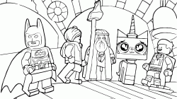 Emmett speaks with his friends Vitruvius Wildstyle Batman and Unikitty