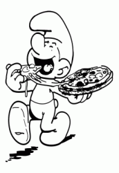 Greedy Smurf eats a pizza