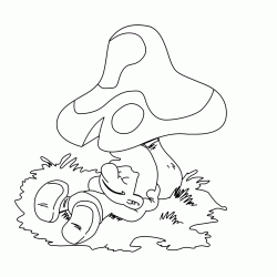 Lazy Smurf sleeping under a mushroom