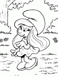 Smurfette walking alone in the woods