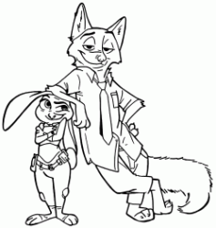 Nick Wilde rests with arm on Judy Hopps head